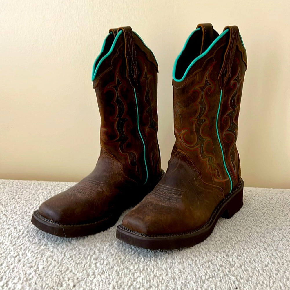 Justin Teal Piping Square Toe Boots